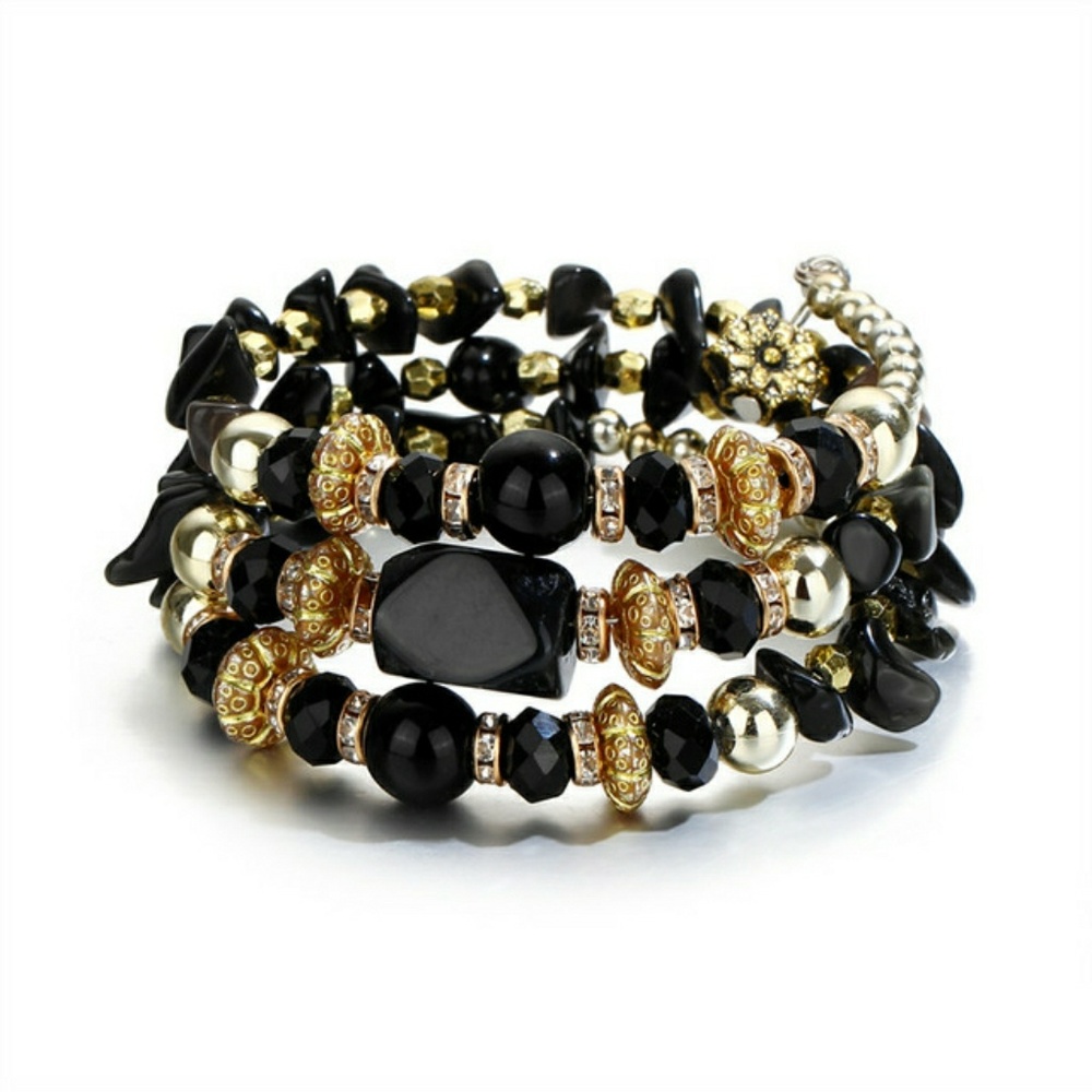 Cuff Wrap Memory Wire Bead Bracelet Black